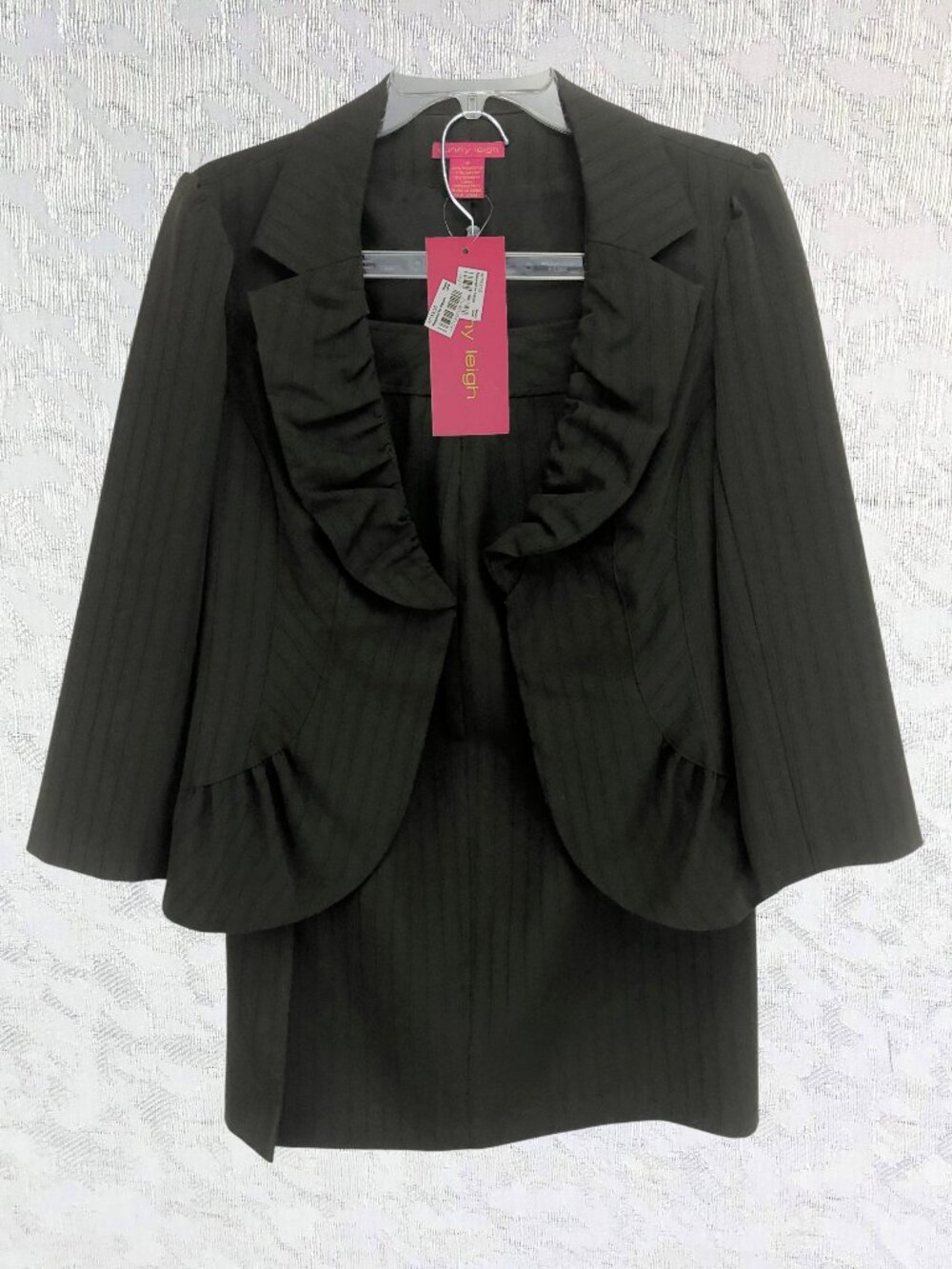 Sunny Leigh Brown Pinstripe Ruffle Skirt Suit Set Tailored Career Chic Sz 8 NWT